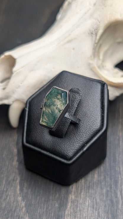 Moss Agate Coffin Textured Sterling Silver Ring Size 5