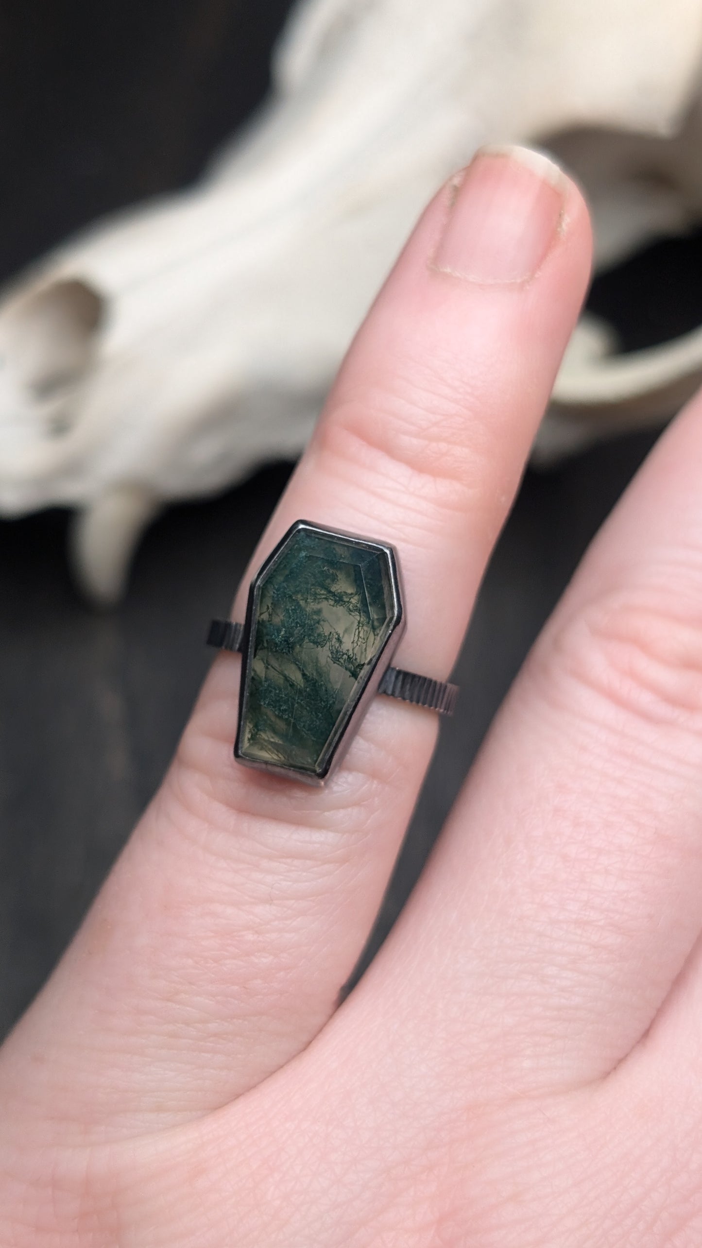 Moss Agate Coffin Textured Sterling Silver Ring Size 5