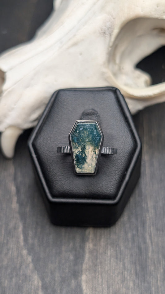 Moss Agate Coffin Textured Sterling Silver Ring Size 7