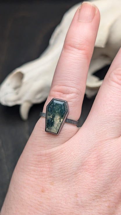 Moss Agate Coffin Textured Sterling Silver Ring Size 7