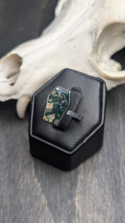 Moss Agate Coffin Textured Sterling Silver Ring Size 7.5