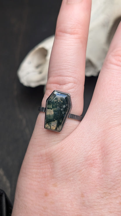 Moss Agate Coffin Textured Sterling Silver Ring Size 7.5