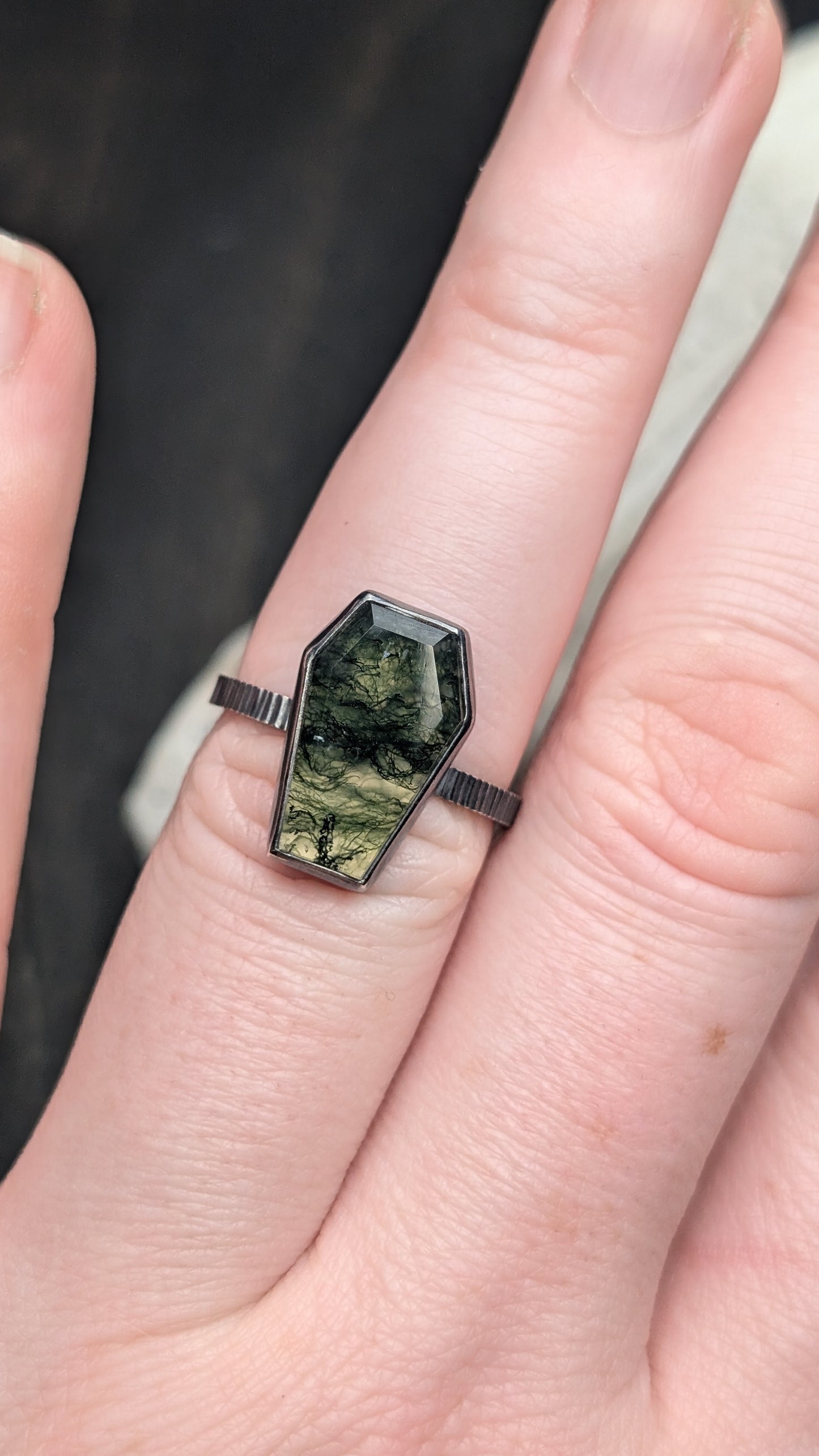 Moss Agate Coffin Textured Sterling Silver Ring Size 8.5