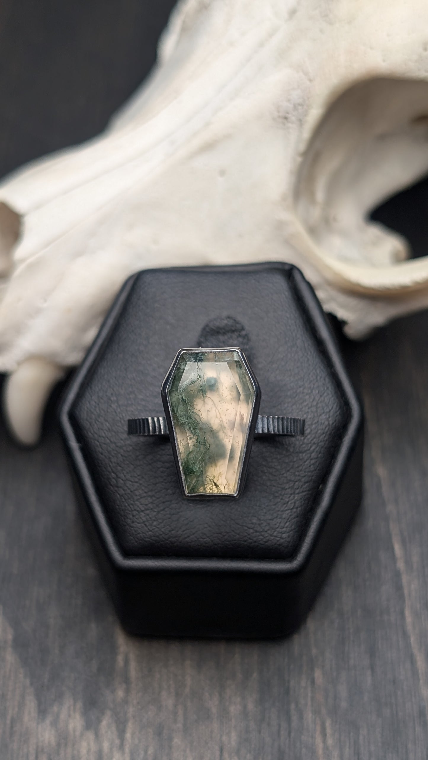 Moss Agate Coffin Textured Sterling Silver Ring Size 9