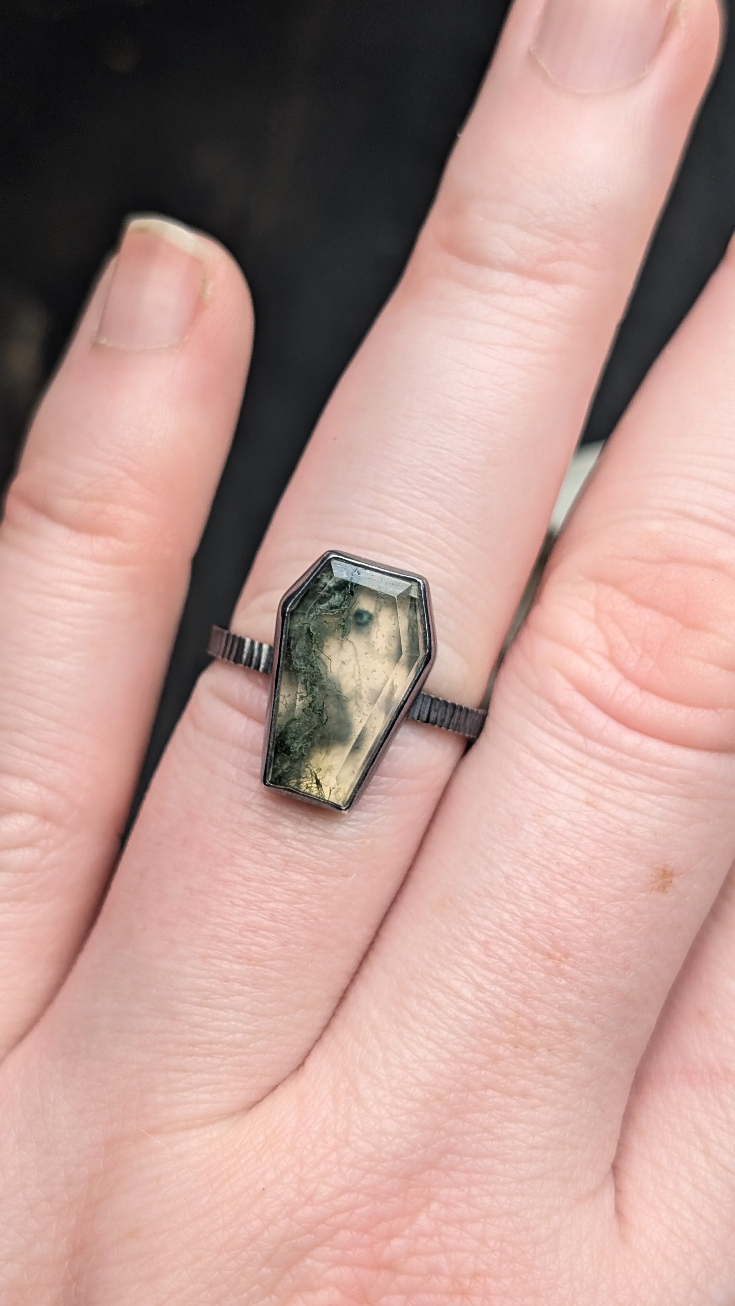 Moss Agate Coffin Textured Sterling Silver Ring Size 9