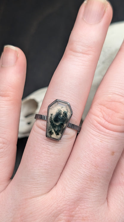 Moss Agate Coffin Textured Sterling Silver Ring Size 9