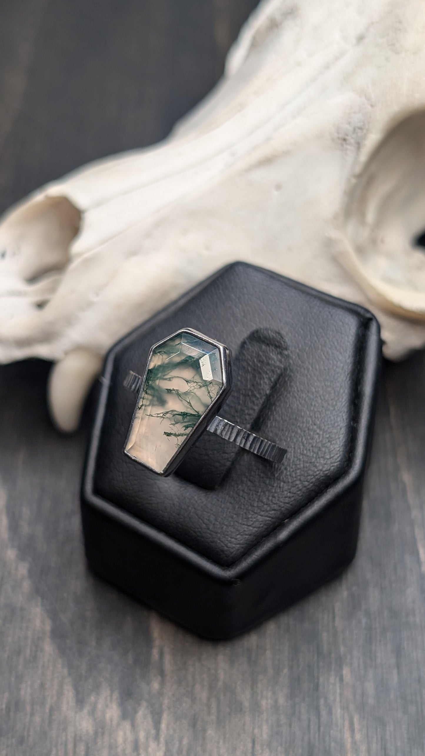 Moss Agate Coffin Textured Sterling Silver Ring Size 10