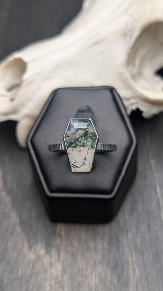 Moss Agate Coffin Textured Sterling Silver Ring Size 10.5