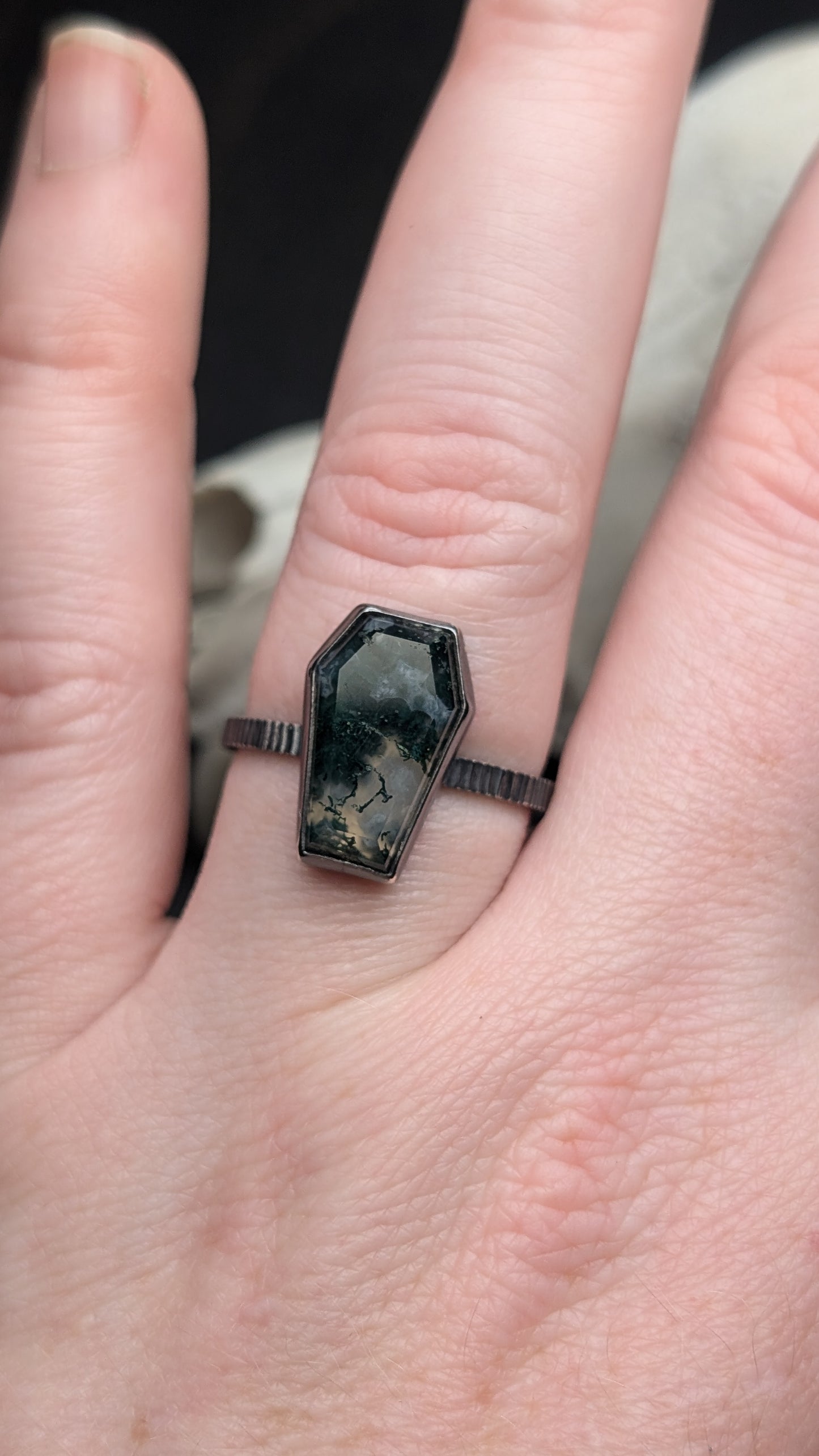 Moss Agate Coffin Textured Sterling Silver Ring Size 10.5