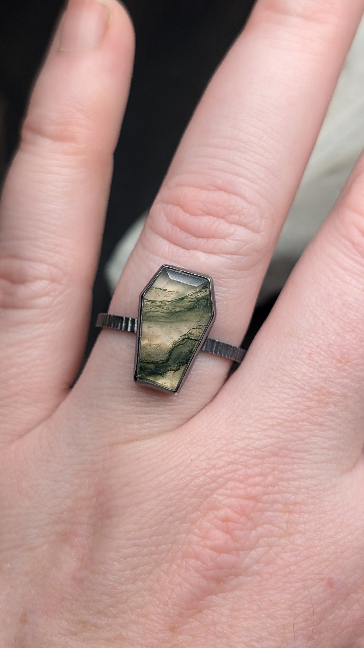 Moss Agate Coffin Textured Sterling Silver Ring Size 11