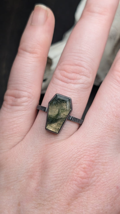 Moss Agate Coffin Textured Sterling Silver Ring Size 12