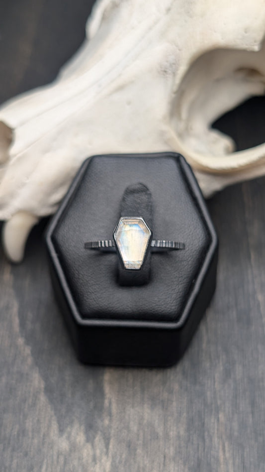 Rainbow Moonstone Mini Coffin Textured Sterling Silver