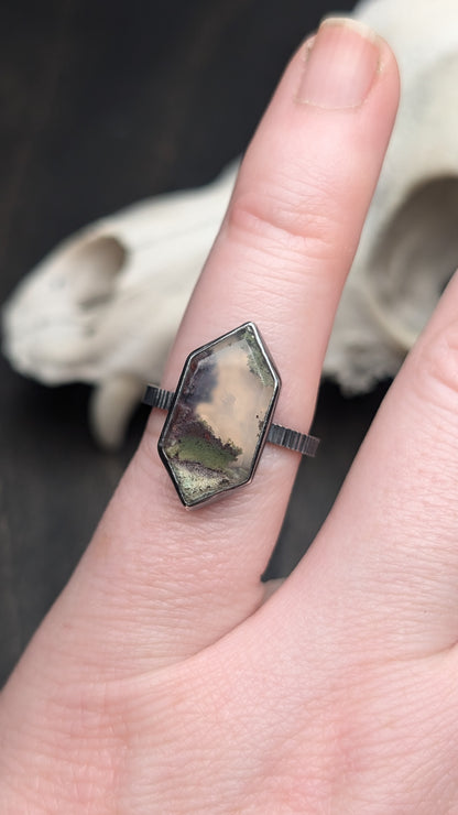 Scenic Plume Moss Agate Elongated Hexagon Sterling Silver Ring Size 7