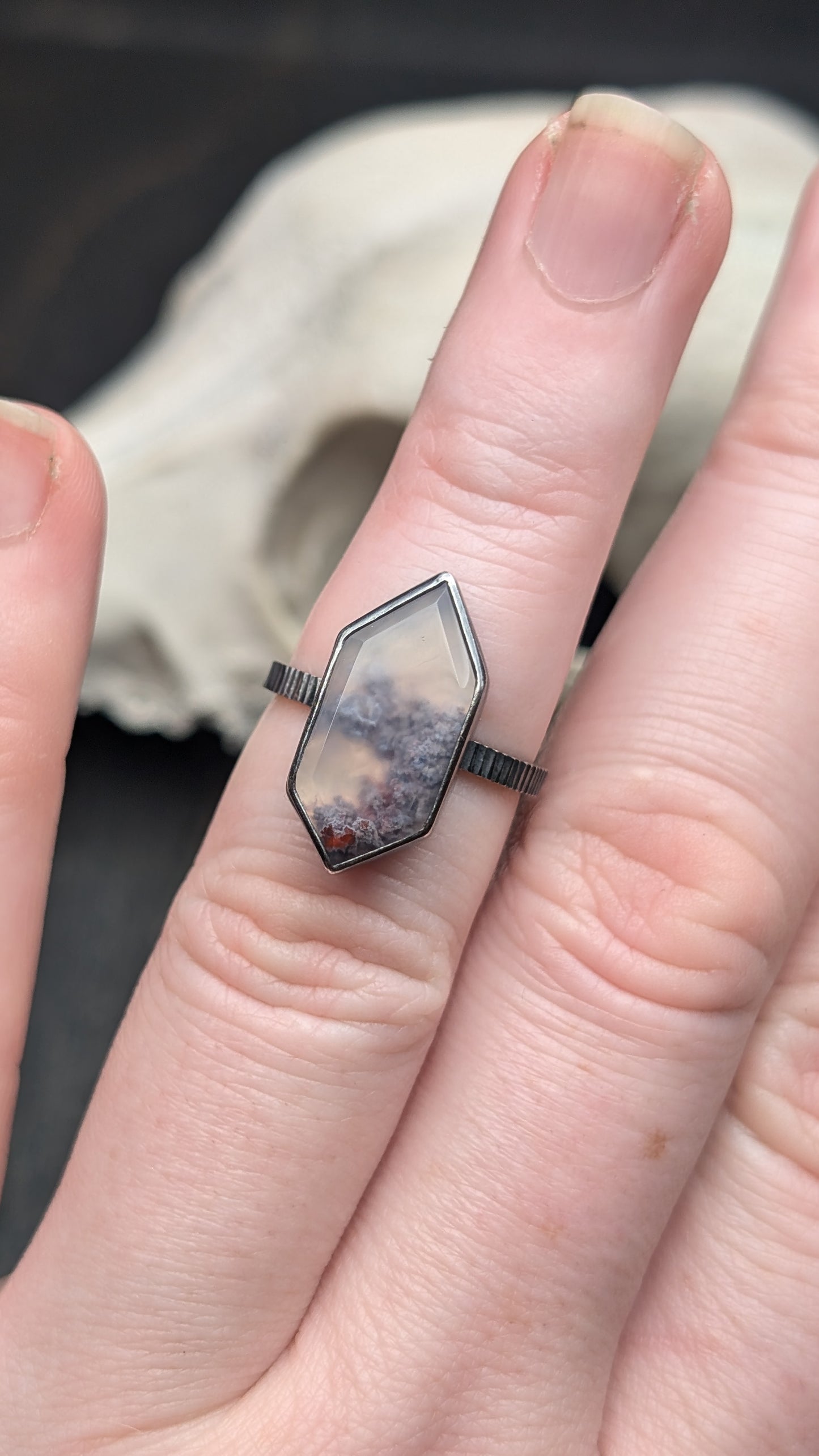 Scenic Plume Moss Agate Elongated Hexagon Sterling Silver Ring Size 7.5