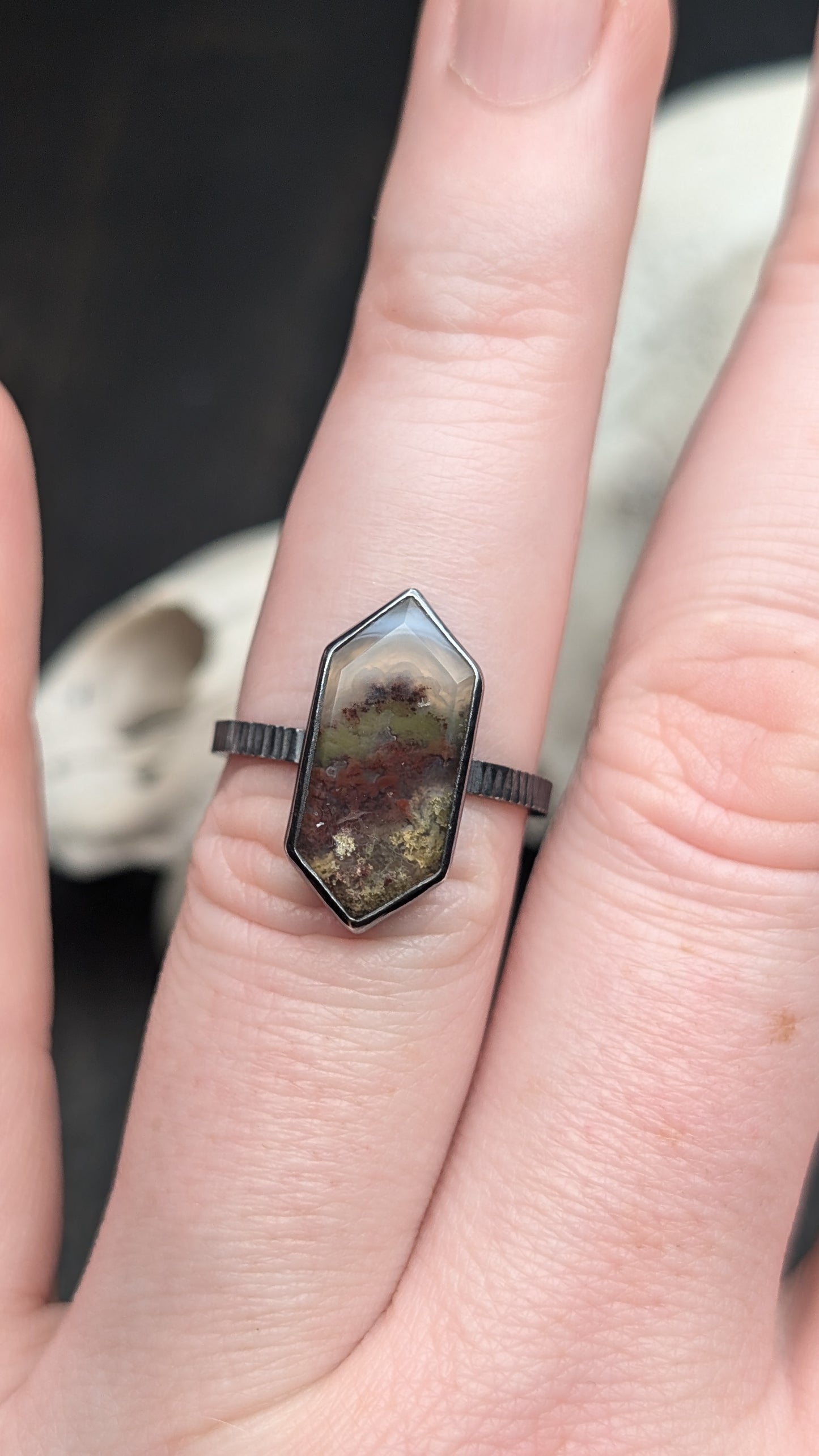 Scenic Plume Moss Agate Elongated Hexagon Sterling Silver Ring Size 8.5