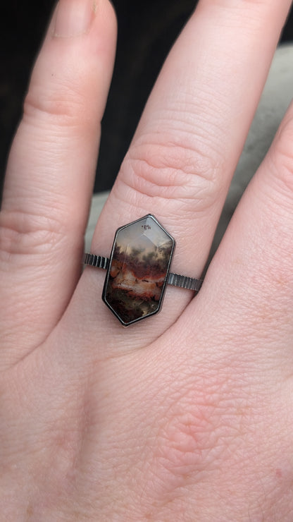 Scenic Plume Moss Agate Elongated Hexagon Sterling Silver Ring Size 10.5