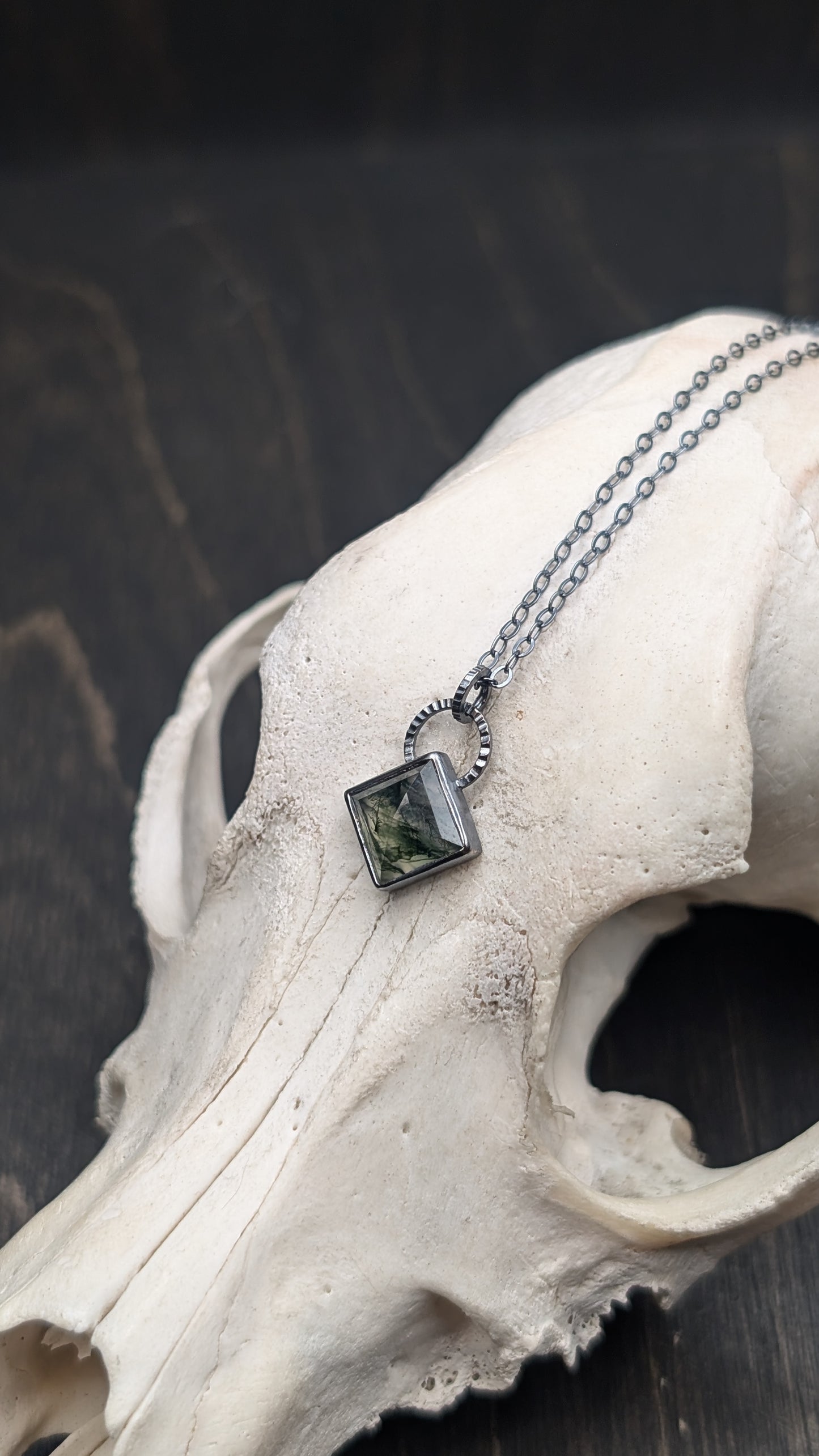 Moss Agate Square Textured Sterling Silver Necklace