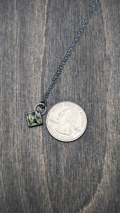 Moss Agate Square Textured Sterling Silver Necklace