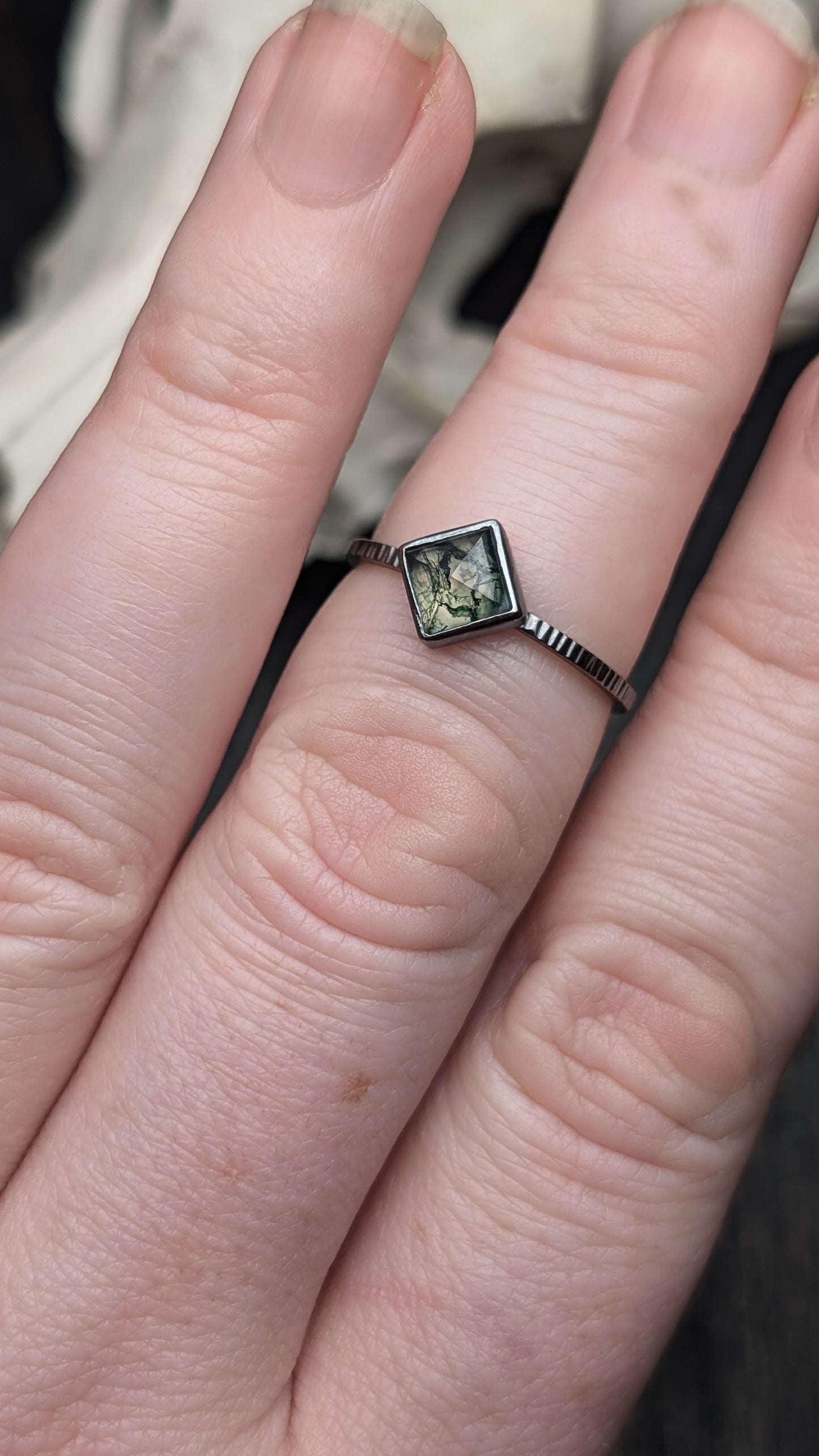 Small Square Moss Agate Textured Sterling Silver