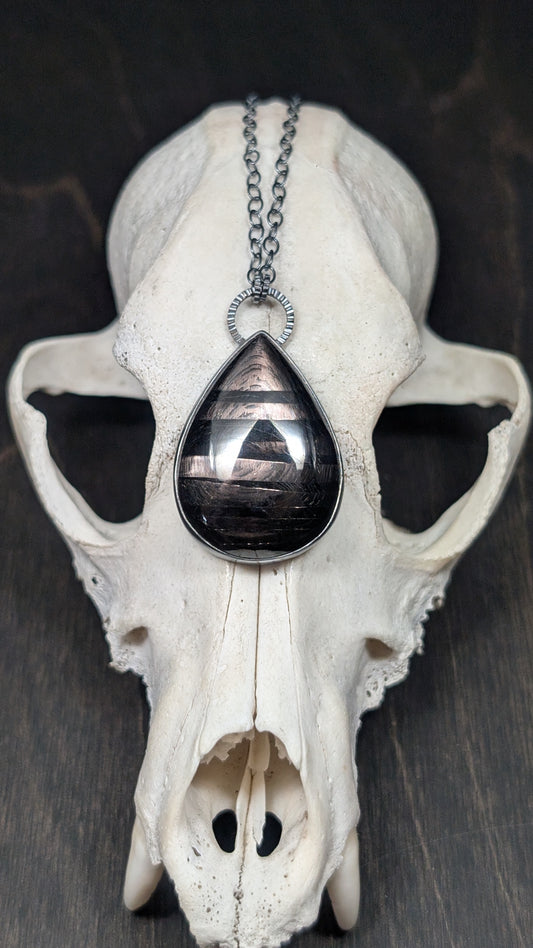 XL Teardrop Hypersthene Textured Sterling Silver Necklace