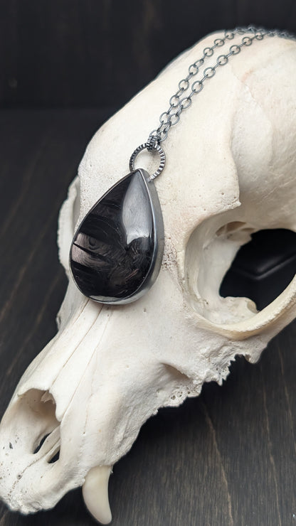 XL Teardrop Hypersthene Textured Sterling Silver Necklace
