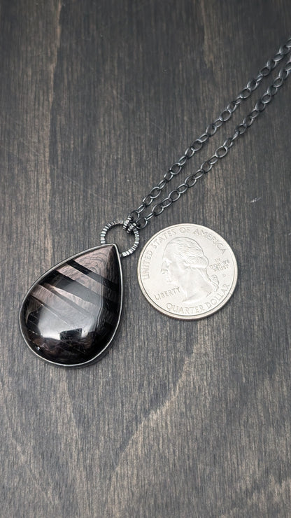 XL Teardrop Hypersthene Textured Sterling Silver Necklace