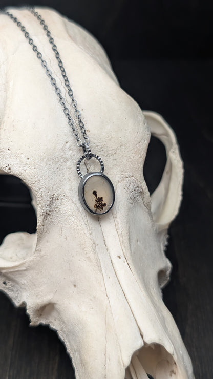 Dainty Oval Dendritic Agate Slice Textured Sterling Silver Necklace