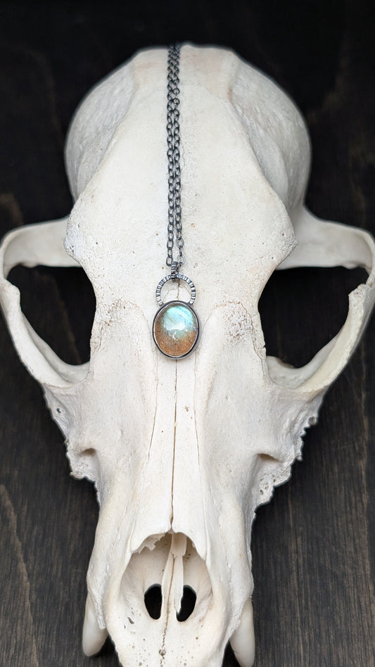 Mini Labradorite Oval Textured Sterling Silver Necklace