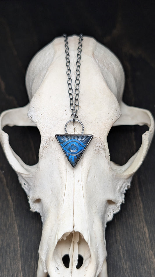 Triangle Evil Eye Labradorite Textured Sterling Silver Necklace