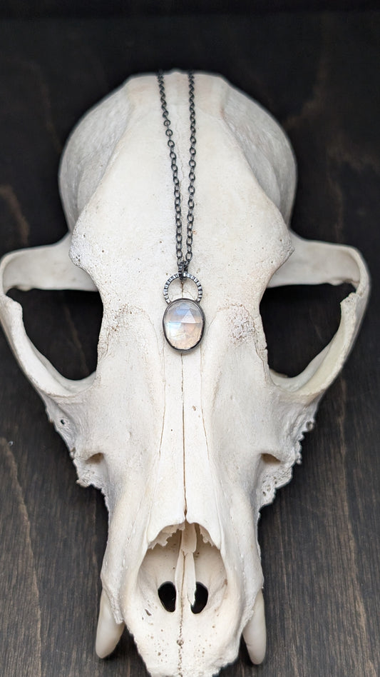 Mini Rosecut Rainbow Moonstone Textured Sterling Silver Necklace