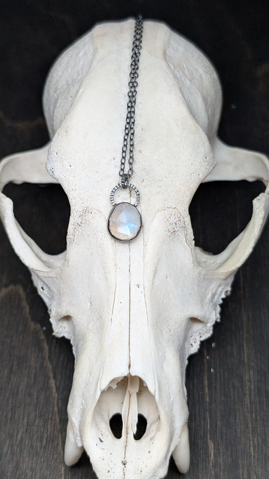 Mini Rosecut Rainbow Moonstone Textured Sterling Silver Necklace