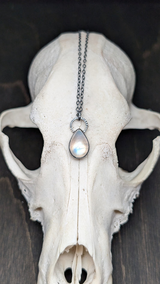 Teardrop Rainbow Moonstone Textured Sterling Silver Necklace