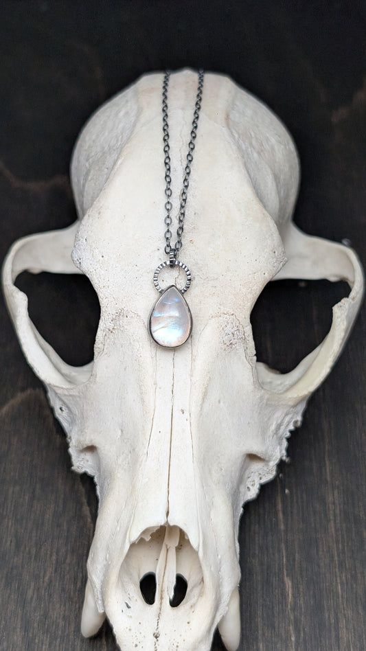 Teardrop Rainbow Moonstone Textured Sterling Silver Necklace