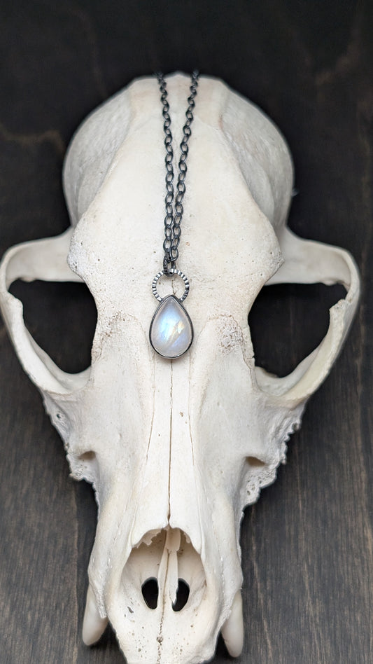 Teardrop Rainbow Moonstone Textured Sterling Silver Necklace