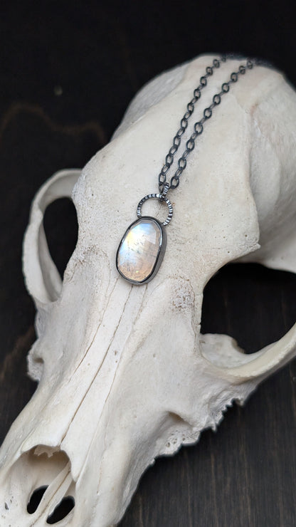 Rosecut Rainbow Moonstone Textured Sterling Silver Necklace