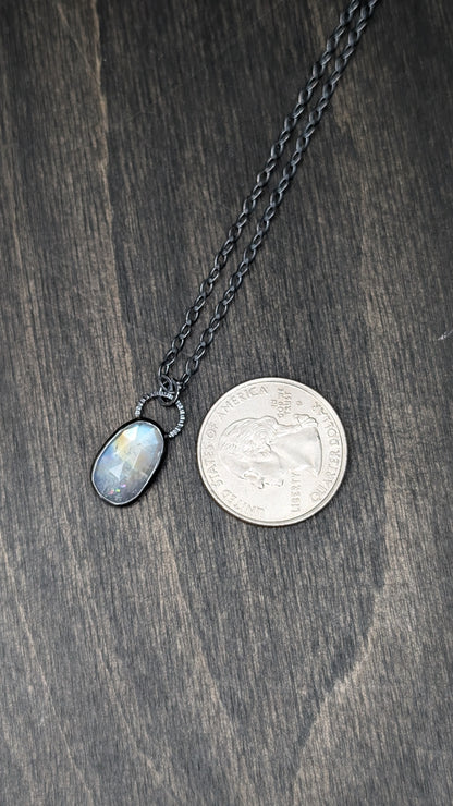Rosecut Rainbow Moonstone Textured Sterling Silver Necklace