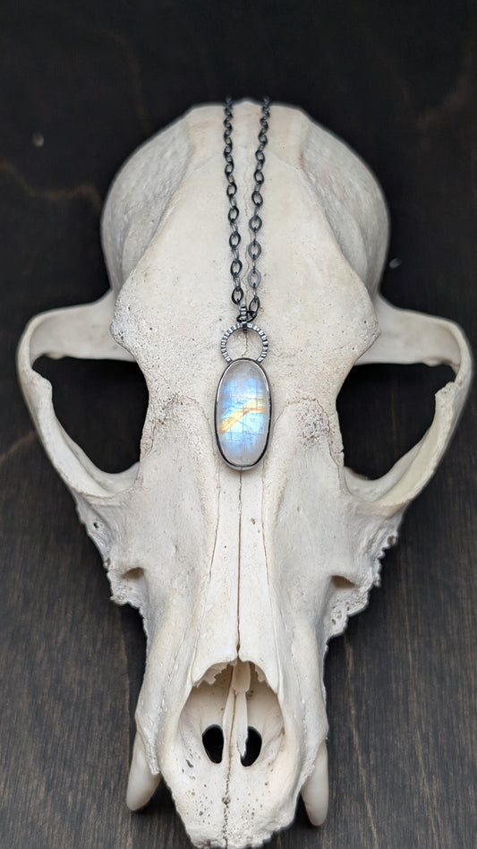 Oval Rainbow Moonstone Textured Sterling Silver Necklace