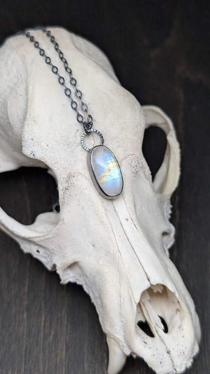 Oval Rainbow Moonstone Textured Sterling Silver Necklace