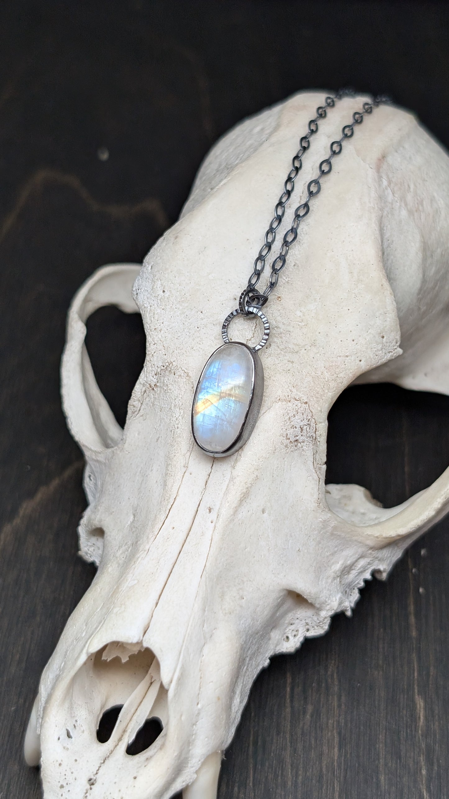 Oval Rainbow Moonstone Textured Sterling Silver Necklace