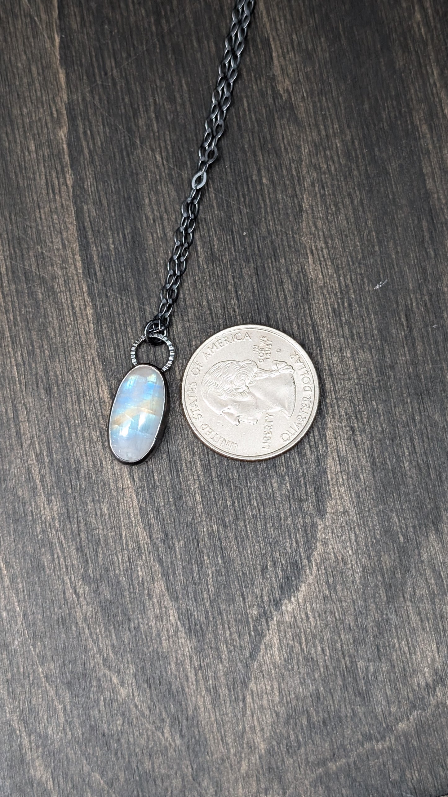 Oval Rainbow Moonstone Textured Sterling Silver Necklace