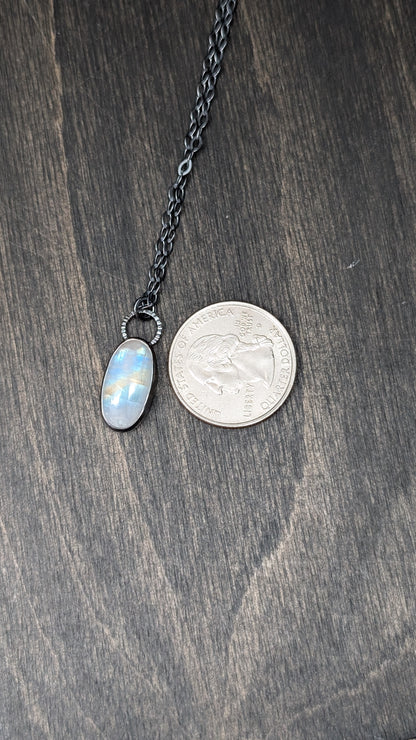 Oval Rainbow Moonstone Textured Sterling Silver Necklace