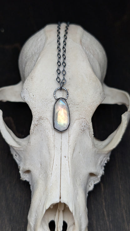 Rosecut Rainbow Moonstone Textured Sterling Silver Necklace