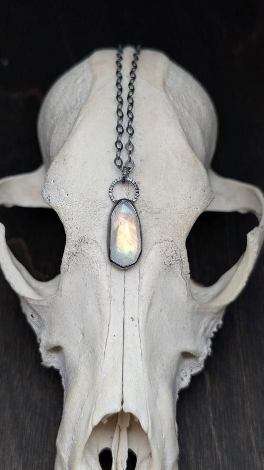 Rosecut Rainbow Moonstone Textured Sterling Silver Necklace