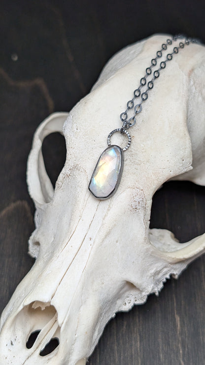 Rosecut Rainbow Moonstone Textured Sterling Silver Necklace