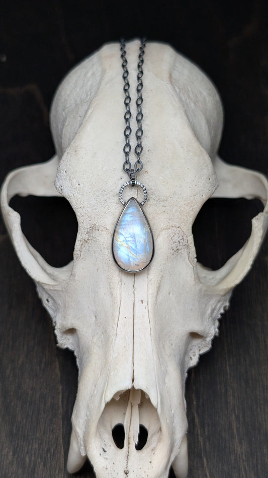 Teardrop Rainbow Moonstone Textured Sterling Silver Necklace