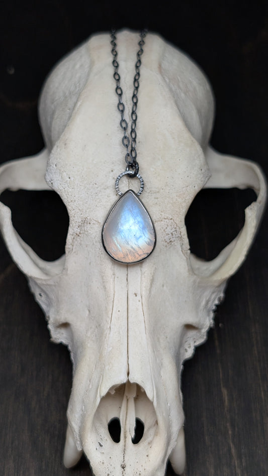 Teardrop Rainbow Moonstone Textured Sterling Silver Necklace