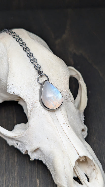 Teardrop Rainbow Moonstone Textured Sterling Silver Necklace