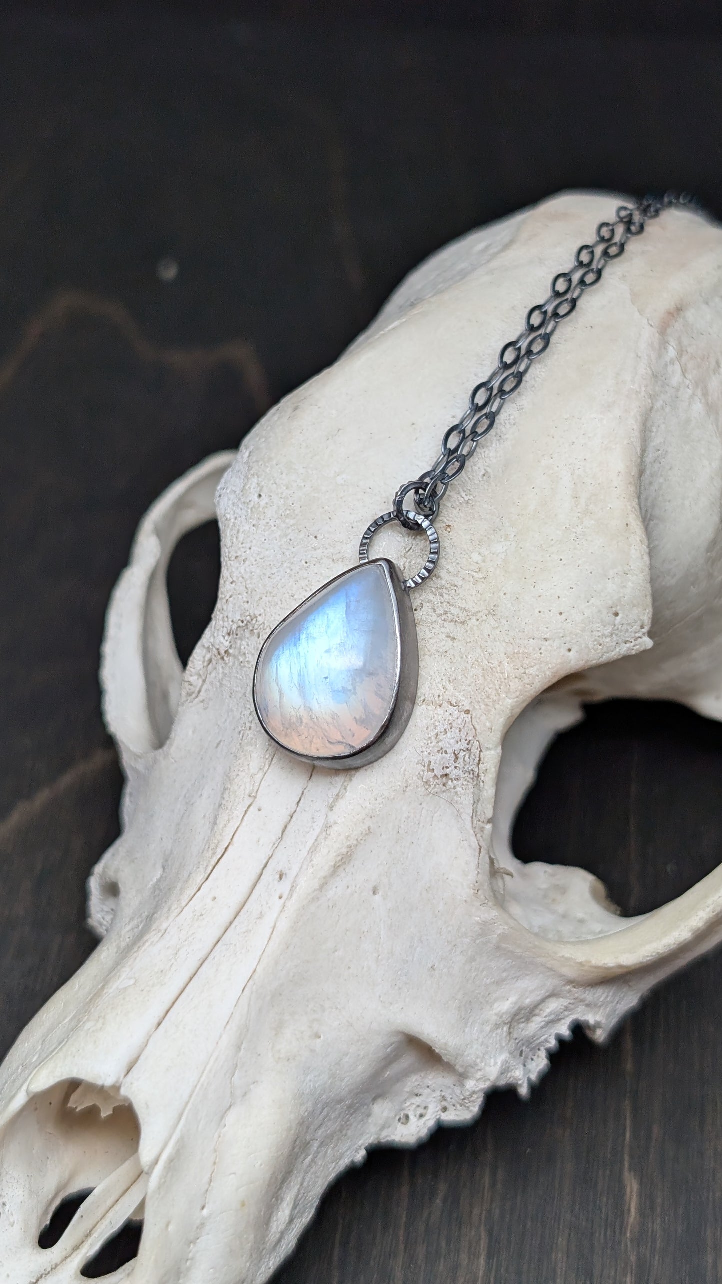 Teardrop Rainbow Moonstone Textured Sterling Silver Necklace