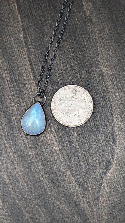 Teardrop Rainbow Moonstone Textured Sterling Silver Necklace