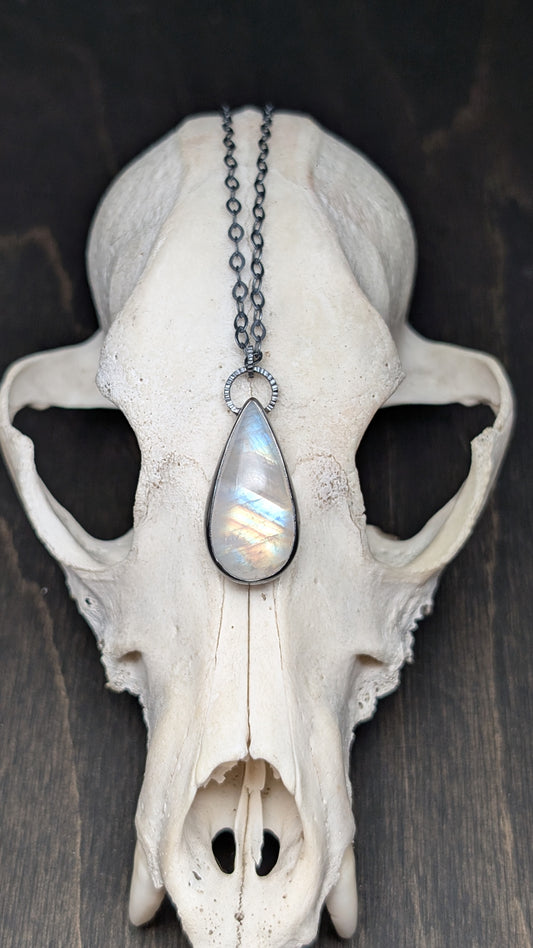 Teardrop Rainbow Moonstone Textured Sterling Silver Necklace
